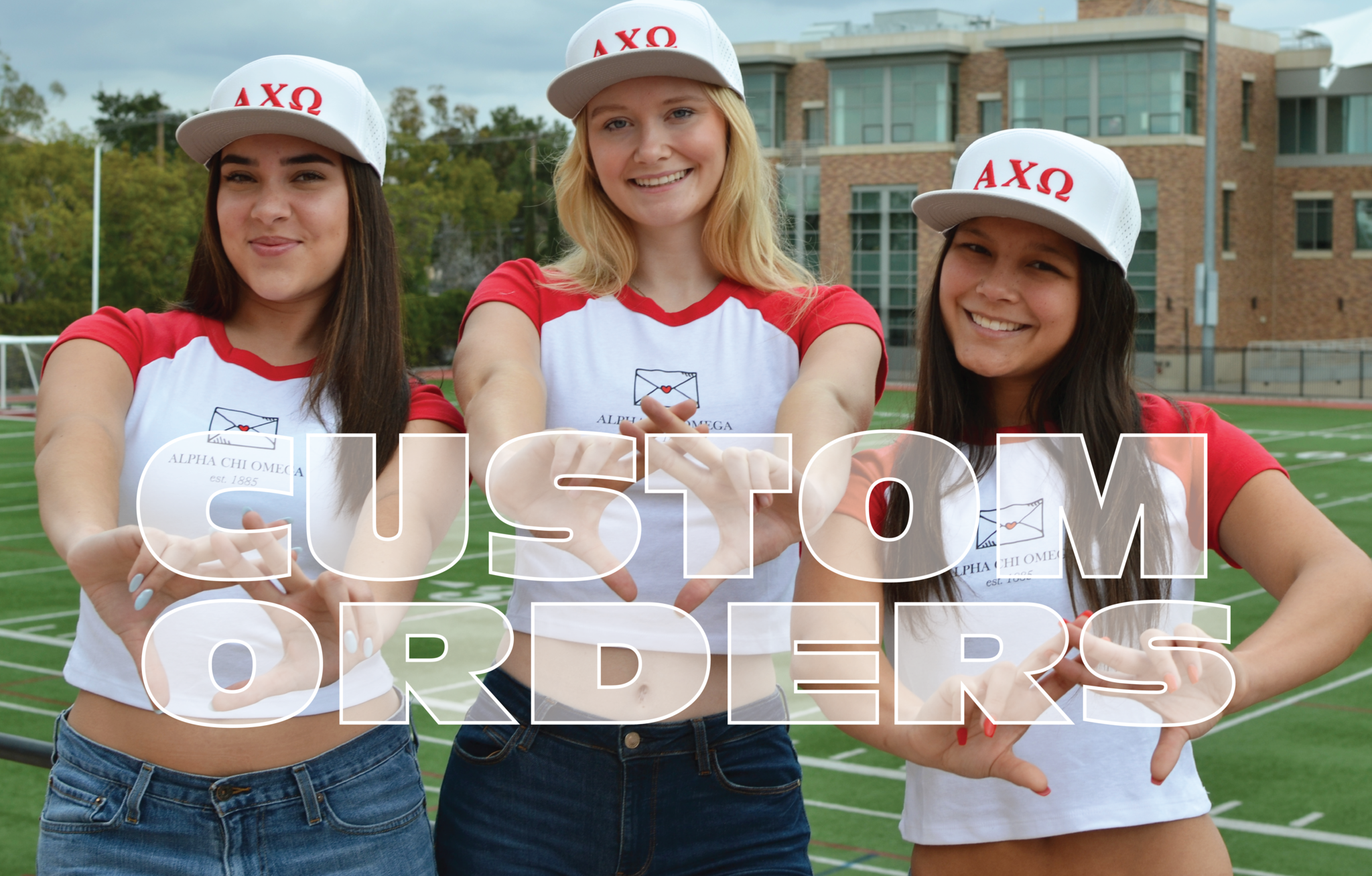 College girls in custom baseball tees and flat-bill caps throwing up sorority hand sign